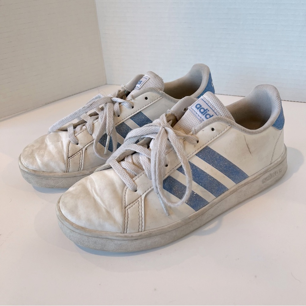 Adidas Grand Court Girls Shoes Sneakers White Blue Glitter Low Eg5135 Size 2.5